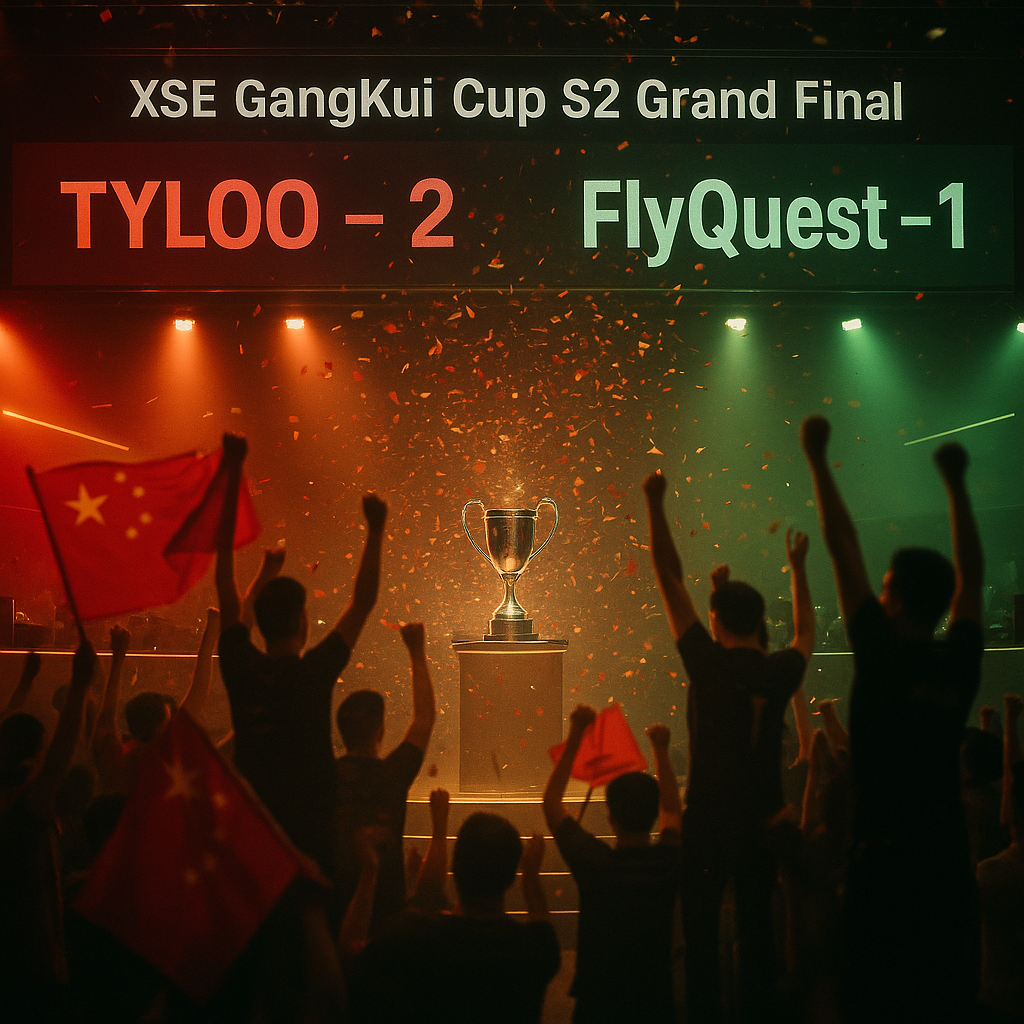 Esports arena photo: TYLOO 2–1 FlyQuest at XSE GangKui Cup S2, trophy center, red-gold