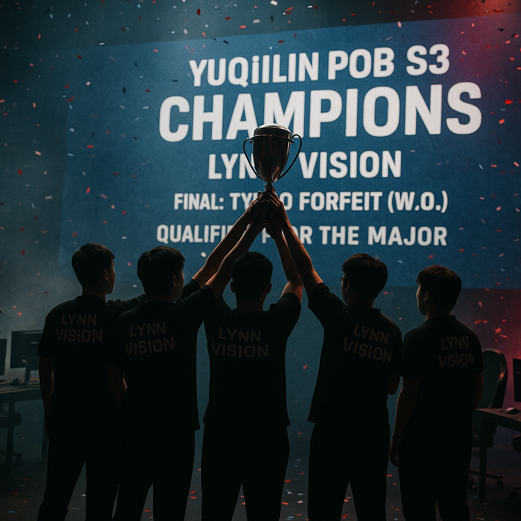 Wide editorial photo of Lynn Vision celebrating on an esports stage as Yuqilin PoB